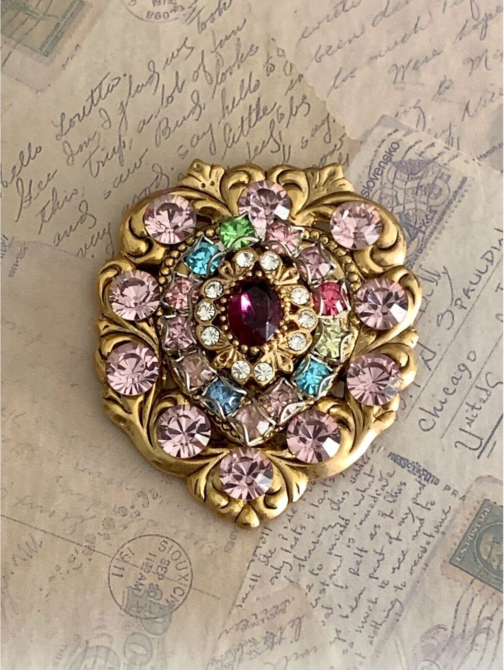 Handmade Magnet Brooch w Swarovski Crystals Colorful Rhinestone Heart Brooch Pin